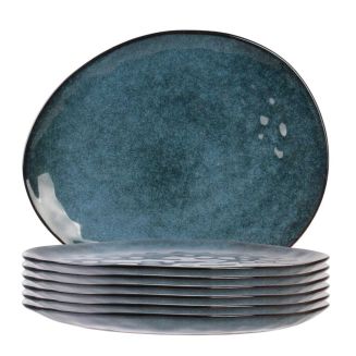 Set de 6 assiettes plates galet en céramique au grés du temps bleu (27.5x23cm) - GALET