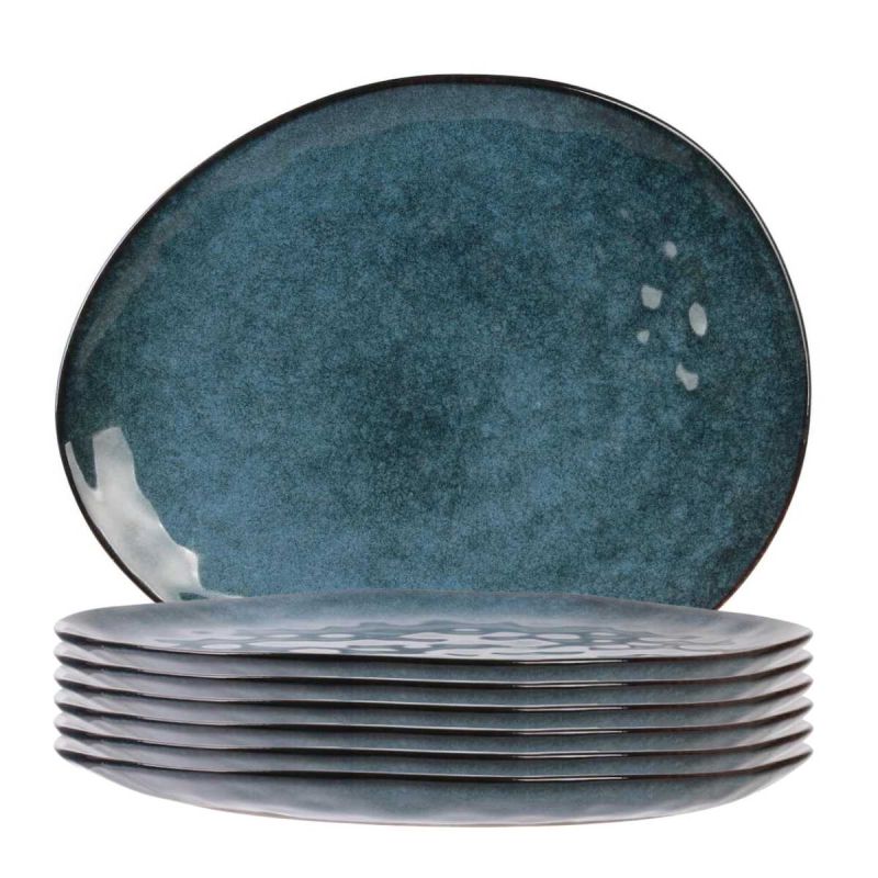 Set de 6 assiettes plates galet en céramique au grés du temps bleu (27.5x23cm) - GALET Set de 6 assiettes plates galet en céramique au grés du temps bleu (27.5x23cm) - GALET