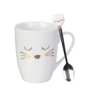 Mug chat 35cl en céramique blanc avec cuillère en inox