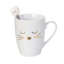 Mug chat 35cl en céramique blanc avec cuillère en inox