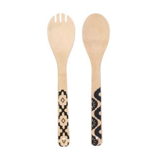 Couverts à salade en bois de bambou avec manche noirs à motifs