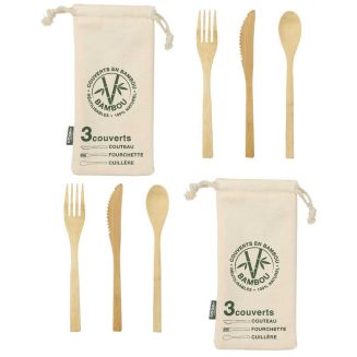 Set de 2 pochons beige de couverts réutilisables en bambou