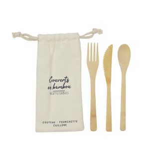 Set de 3 couverts réutilisables en bambou avec pochon beige