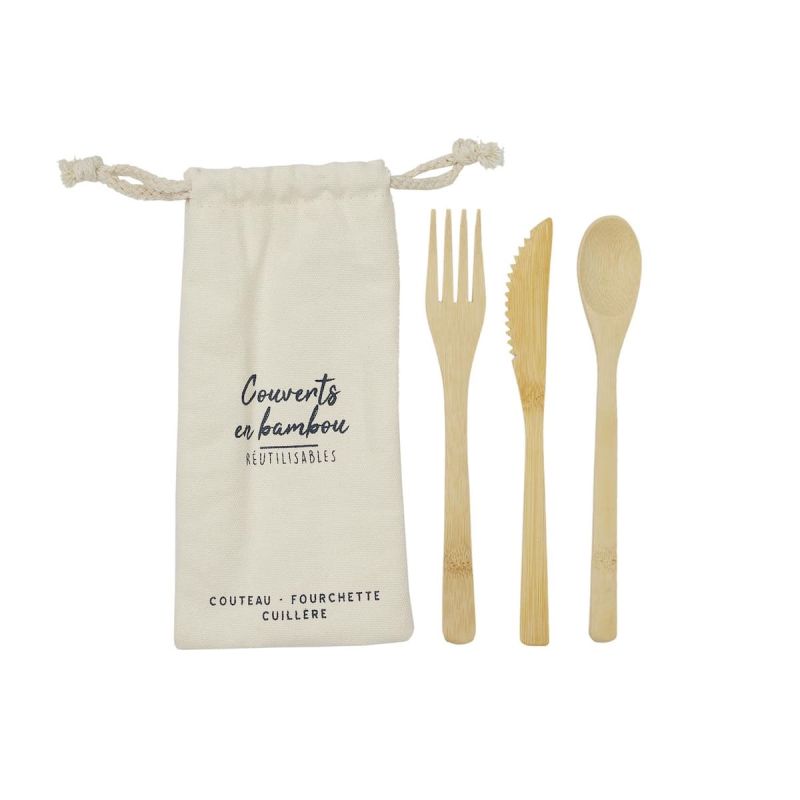 Set de 3 couverts réutilisables en bambou avec pochon beige