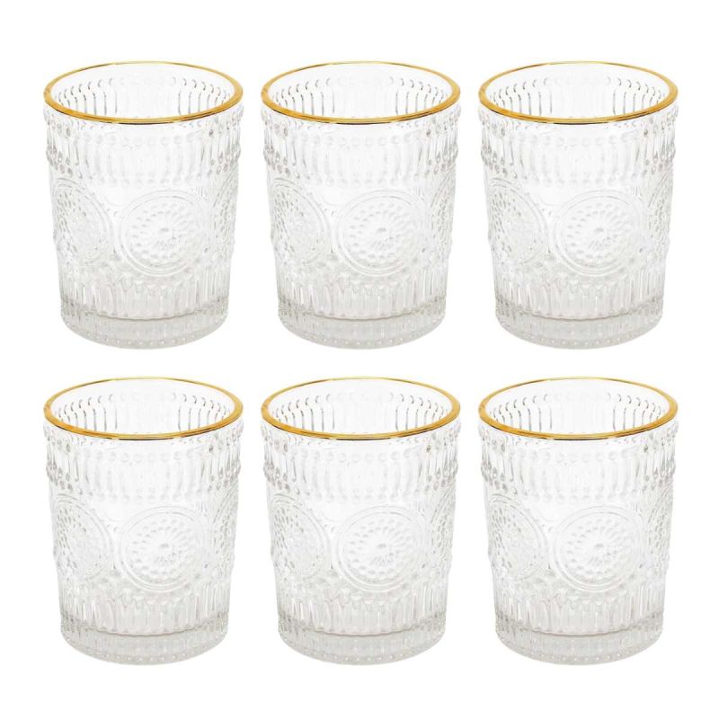 Set de 6 verres 25cl en verre avec reliefs géométriques et liseré doré Set de 6 verres 25cl en verre avec reliefs géométriques et liseré doré