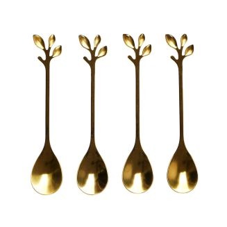 Set de 4 cuillères à café dorées en acier inoxydable style feuilles