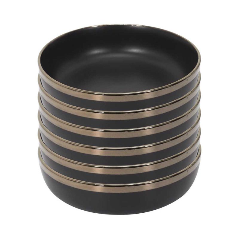 Set de 6 assiettes creuses noires en céramique avec liseré doré (Ø18cm) Set de 6 assiettes creuses noires en céramique avec liseré doré (Ø18cm)