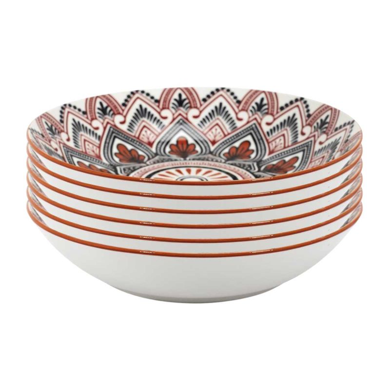 Set de 6 assiettes creuses en porcelaine orange mandala (Ø20cm)