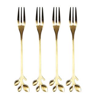 Set de 4 fourchettes à dessert dorées en acier inoxydable style feuilles