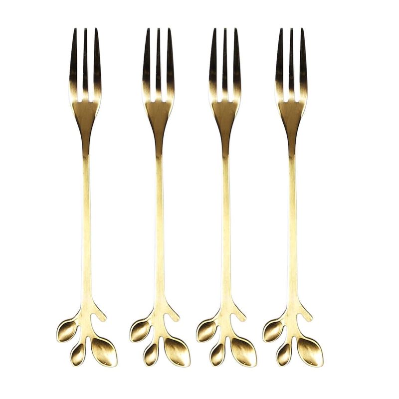 Set de 4 fourchettes à dessert dorées en acier inoxydable style feuilles Set de 4 fourchettes à dessert dorées en acier inoxydable style feuilles