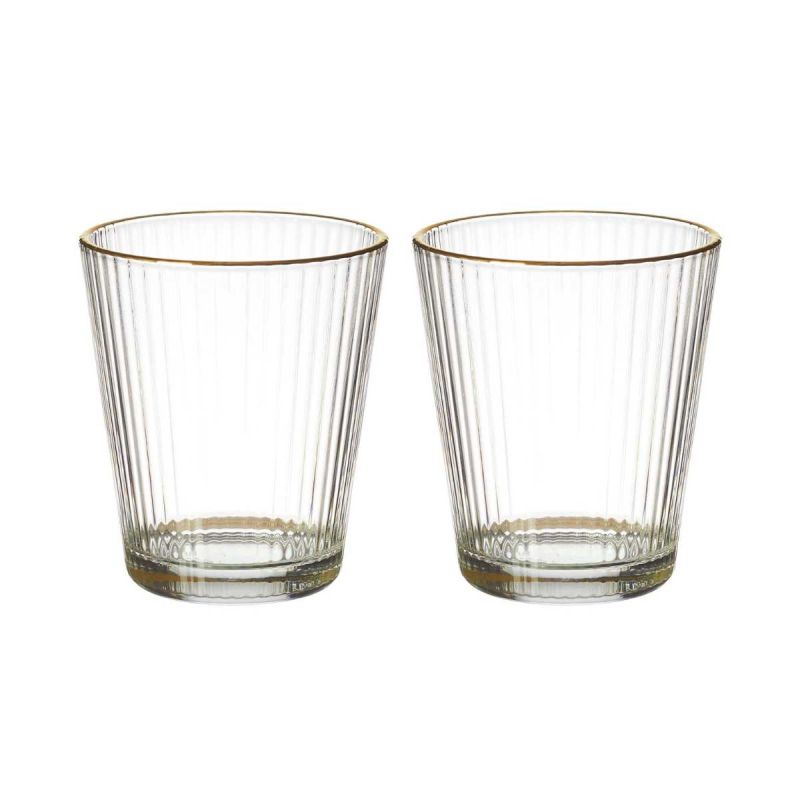 Set de 2 verres 30cl en verre avec stries et liseré doré Set de 2 verres 30cl en verre avec stries et liseré doré