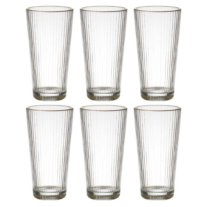 Set de 6 verres 40cl en verre avec stries et liseré doré Set de 6 verres 40cl en verre avec stries et liseré doré