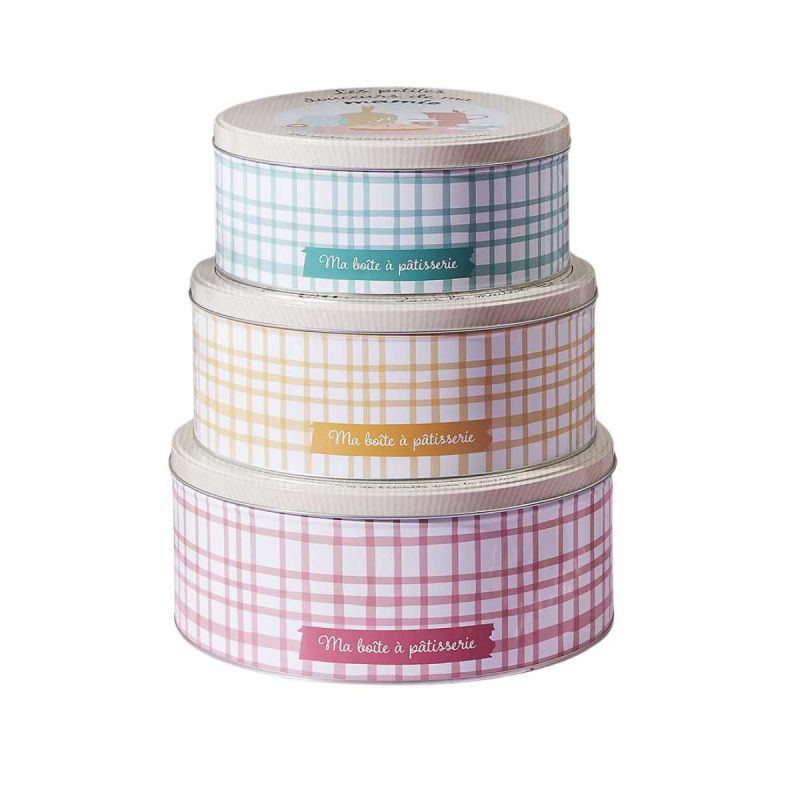 Set de 3 boîtes de rangement en métal pour pâtisseries à carreaux pastel Set de 3 boîtes de rangement en métal pour pâtisseries à carreaux pastel