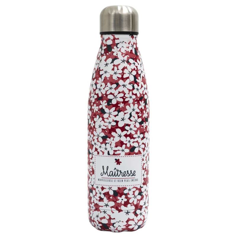 Bouteille de Transport isotherme 50cl fleurs roses et inscription “Merci maîtresse" Bouteille de Transport isotherme 50cl fleurs roses et inscription “Merci maîtresse"