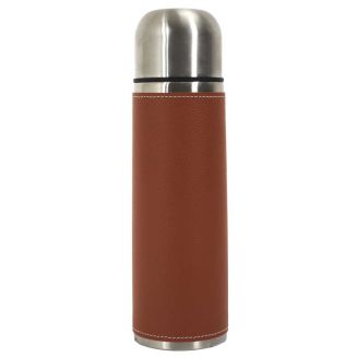 Bouteille de transport isotherme 50cl simili cuir marron avec avec bouton poussoir