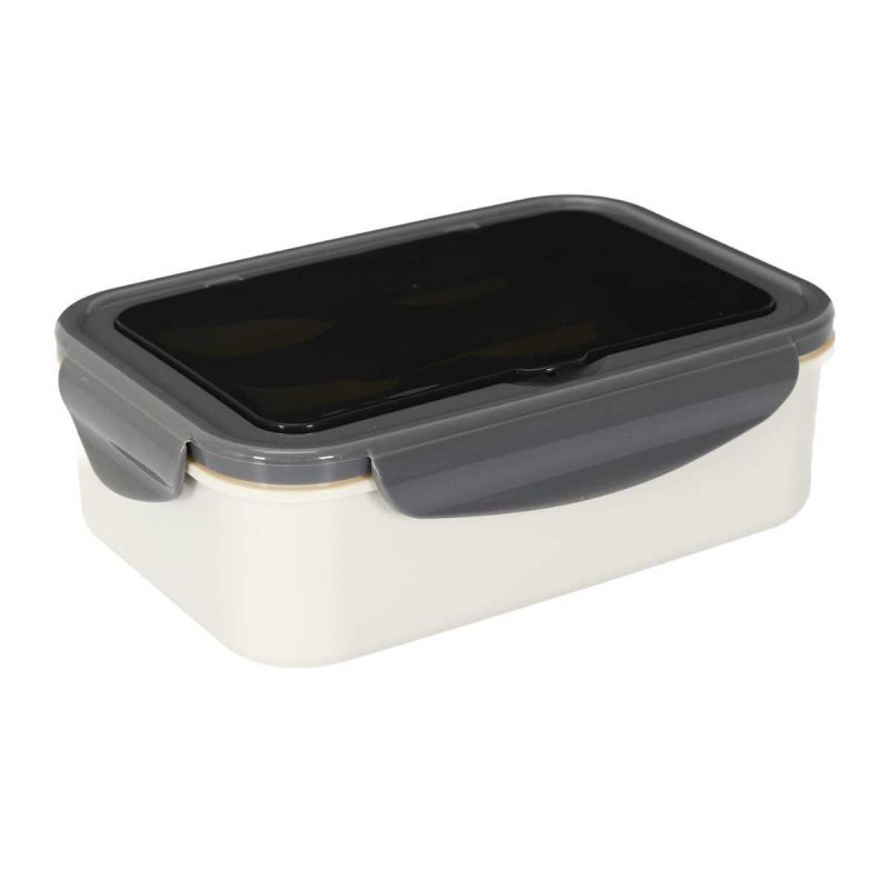 Lunch box 2,5L à triple compartiments en plastique gris blanc avec couverts Lunch box 2,5L à triple compartiments en plastique gris blanc avec couverts