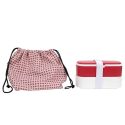 Coffret lunch box à double compartiment en plastique rose et blanc avec couverts et pochon