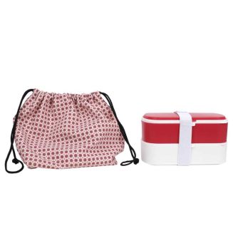 Coffret lunch box à double compartiment en plastique rose et blanc avec couverts et pochon