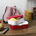 Coffret lunch box à double compartiment en plastique rose et blanc avec couverts et pochon