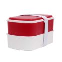 Coffret lunch box à double compartiment en plastique rose et blanc avec couverts et pochon