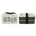 Coffret lunch box à double compartiment vert avec couverts, bouteille isotherme et pochon