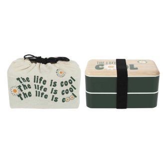 Coffret lunch box à double compartiment vert avec couverts, bouteille isotherme et pochon