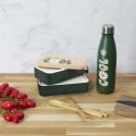 Coffret lunch box à double compartiment vert avec couverts, bouteille isotherme et pochon
