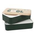 Coffret lunch box à double compartiment vert avec couverts, bouteille isotherme et pochon