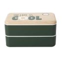 Coffret lunch box à double compartiment vert avec couverts, bouteille isotherme et pochon