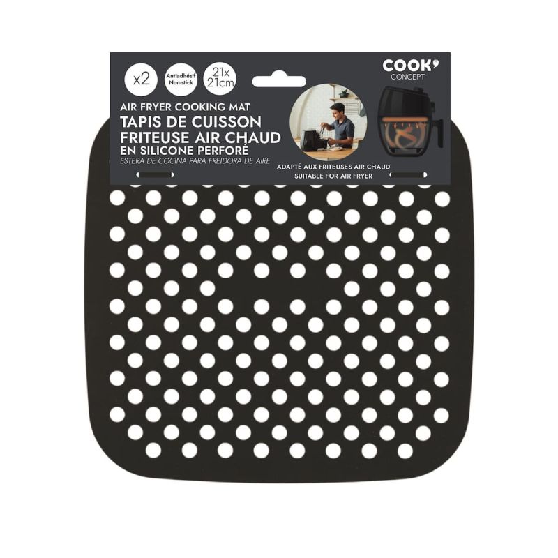 Lot de 2 tapis de cuisson carrés réutilisables spécial friteuse à air chaud 21x21 cm Lot de 2 tapis de cuisson carrés réutilisables spécial friteuse à air chaud 21x21 cm