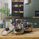 Ensemble de 3 faitouts tous feux dont induction en inox avec couvercles en verre 3 tailles 17, 21 et 25 cm