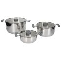 Ensemble de 3 faitouts tous feux dont induction en inox avec couvercles en verre 3 tailles 17, 21 et 25 cm