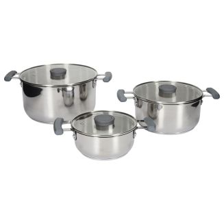 Ensemble de 3 faitouts tous feux dont induction en inox avec couvercles en verre 3 tailles 17, 21 et 25 cm