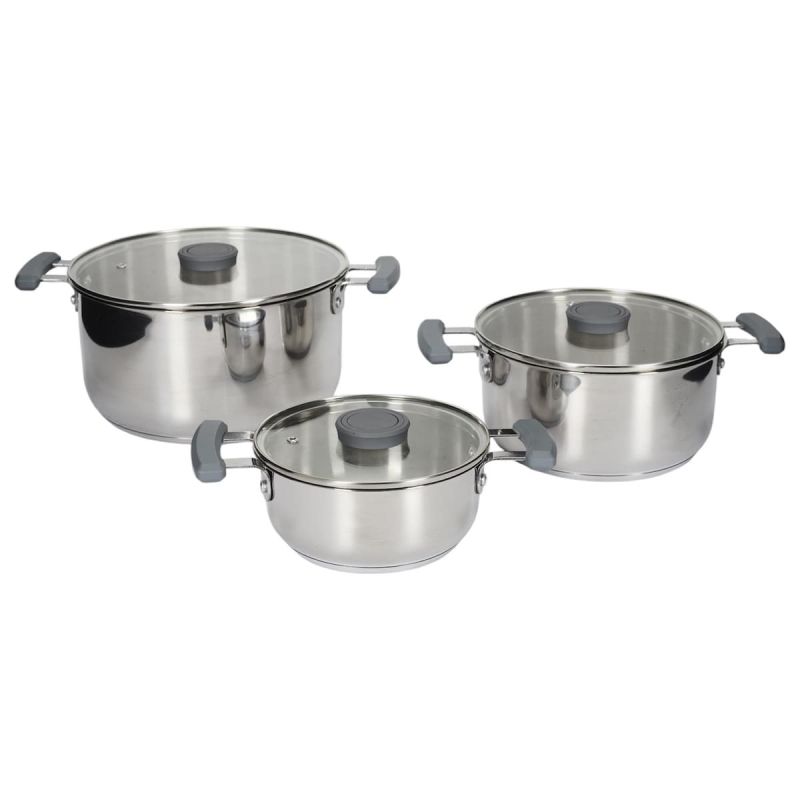 Ensemble de 3 faitouts tous feux dont induction en inox avec couvercles en verre 3 tailles 17, 21 et 25 cm