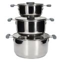 Ensemble de 3 faitouts tous feux dont induction en inox avec couvercles en verre 3 tailles 17, 21 et 25 cm