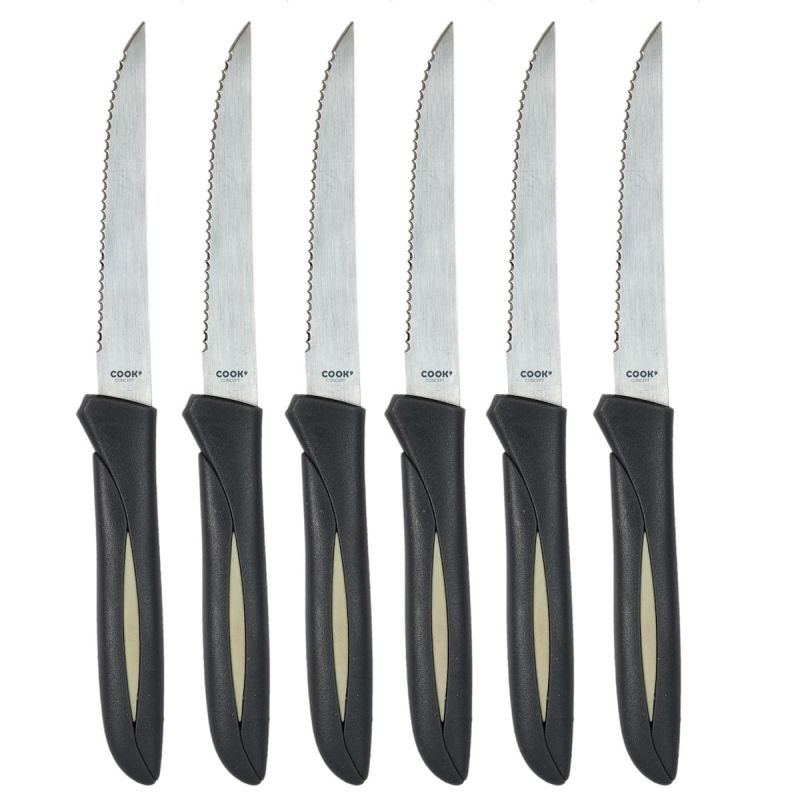 Ensemble de 6 couteaux à steak lames inox manches noir et beige Ensemble de 6 couteaux à steak lames inox manches noir et beige