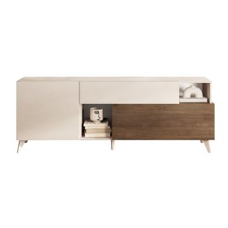 CARLO - Meuble TV 2 portes 1 Tiroir Laqué Beige et Aspect Bois Finition Mercure