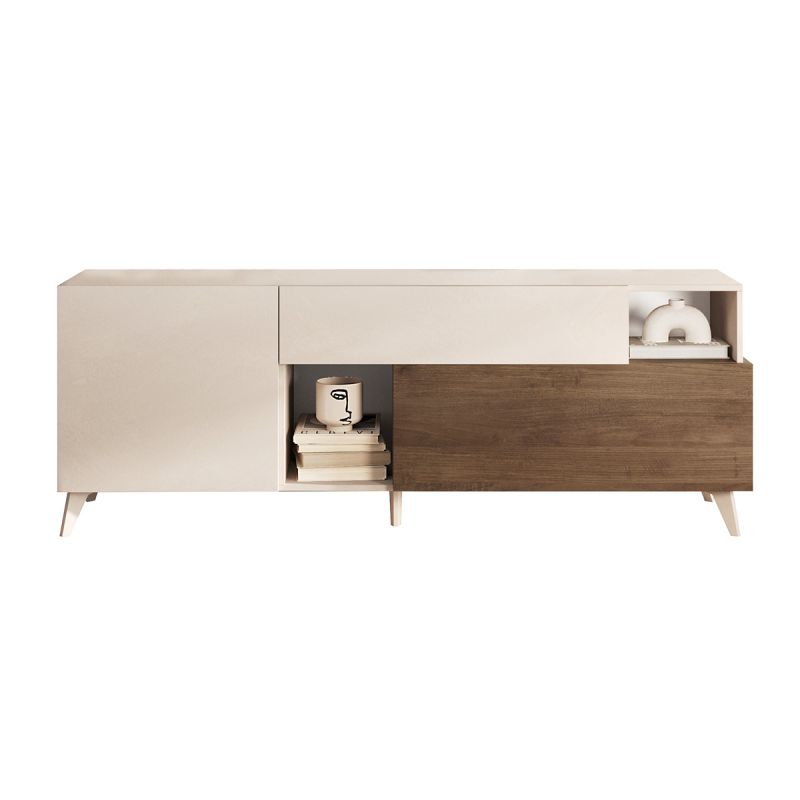 CARLO - Meuble TV 2 portes 1 Tiroir Laqué Beige et Aspect Bois Finition Mercure