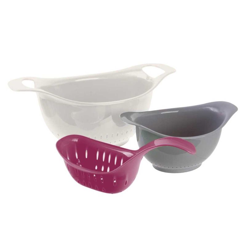 Lot de 3 passoires 3 tailles différentes 1 rose, 1 blanche et 1 grise empilables Lot de 3 passoires 3 tailles différentes 1 rose, 1 blanche et 1 grise empilables