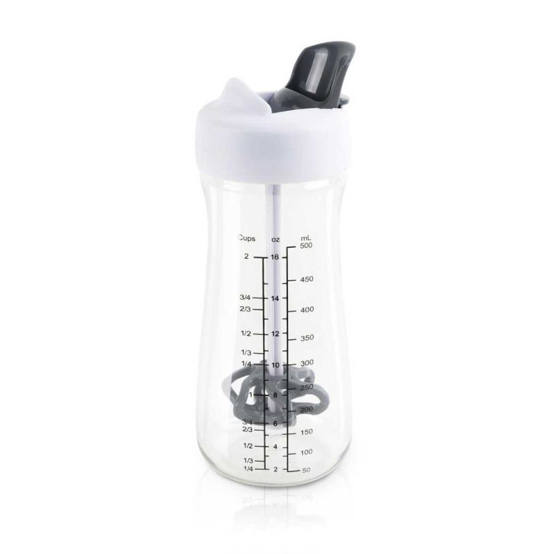 Shaker avec bec verseur et mélangeur transparent, gris et blanc Shaker avec bec verseur et mélangeur transparent, gris et blanc