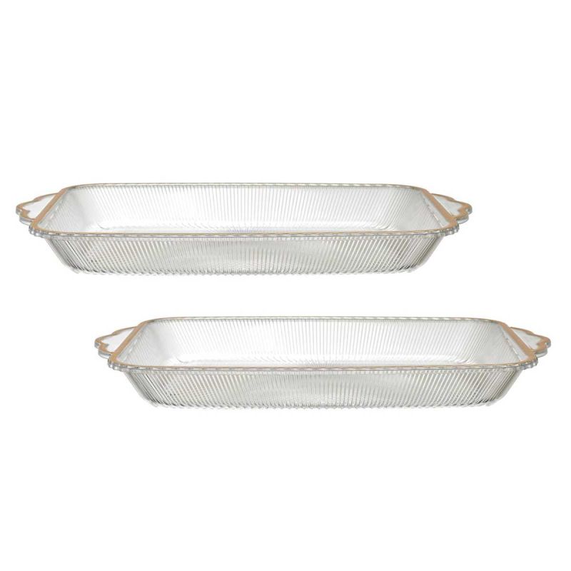 Set de 2 plats rectangulaire en plastique transparent texturé avec contour doré (L41 cm) Set de 2 plats rectangulaire en plastique transparent texturé avec contour doré (L41 cm)