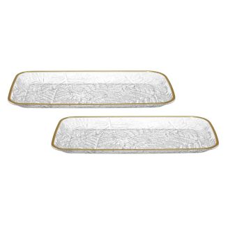 Set de 2 plats de service en plastique transparent motif feuilles avec contour doré (L34 cm)