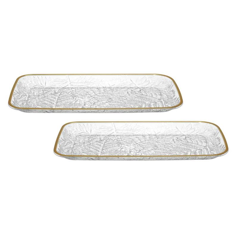 Set de 2 plats de service en plastique transparent motif feuilles avec contour doré (L34 cm) Set de 2 plats de service en plastique transparent motif feuilles avec contour doré (L34 cm)