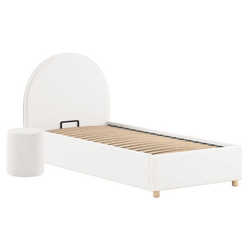 Pack Lit coffre 90x200cm Tête Demi-Lune + Pouf Tissu Bouclé Blanc - CONNIE Pack Lit coffre 90x200cm Tête Demi-Lune + Pouf Tissu Bouclé Blanc - CONNIE