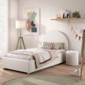 Pack Lit coffre 90x200cm Tête Demi-Lune + Pouf Tissu Bouclé Blanc - CONNIE