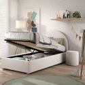 Pack Lit coffre 90x200cm Tête Demi-Lune + Pouf Tissu Bouclé Blanc - CONNIE