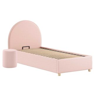 Pack Lit coffre 90x200cm Tête Demi-Lune + Pouf Tissu Bouclé Rose - CONNIE