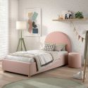 Pack Lit coffre 90x200cm Tête Demi-Lune + Pouf Tissu Bouclé Rose - CONNIE