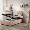 Pack Lit coffre 90x200cm Tête Demi-Lune + Pouf Tissu Bouclé Rose - CONNIE