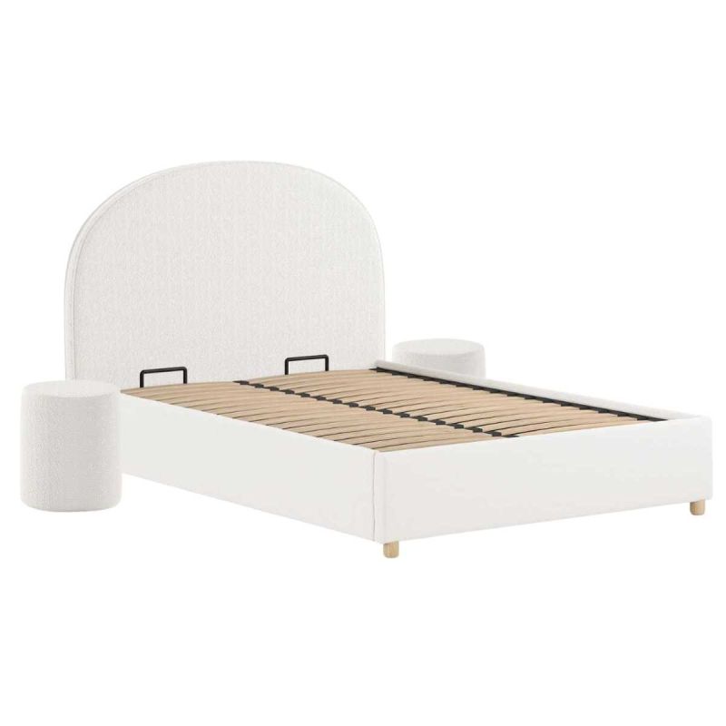 Pack Lit coffre 140x200cm Tête Demi-Lune + 2 Poufs Tissu Bouclé Blanc - CONNIE